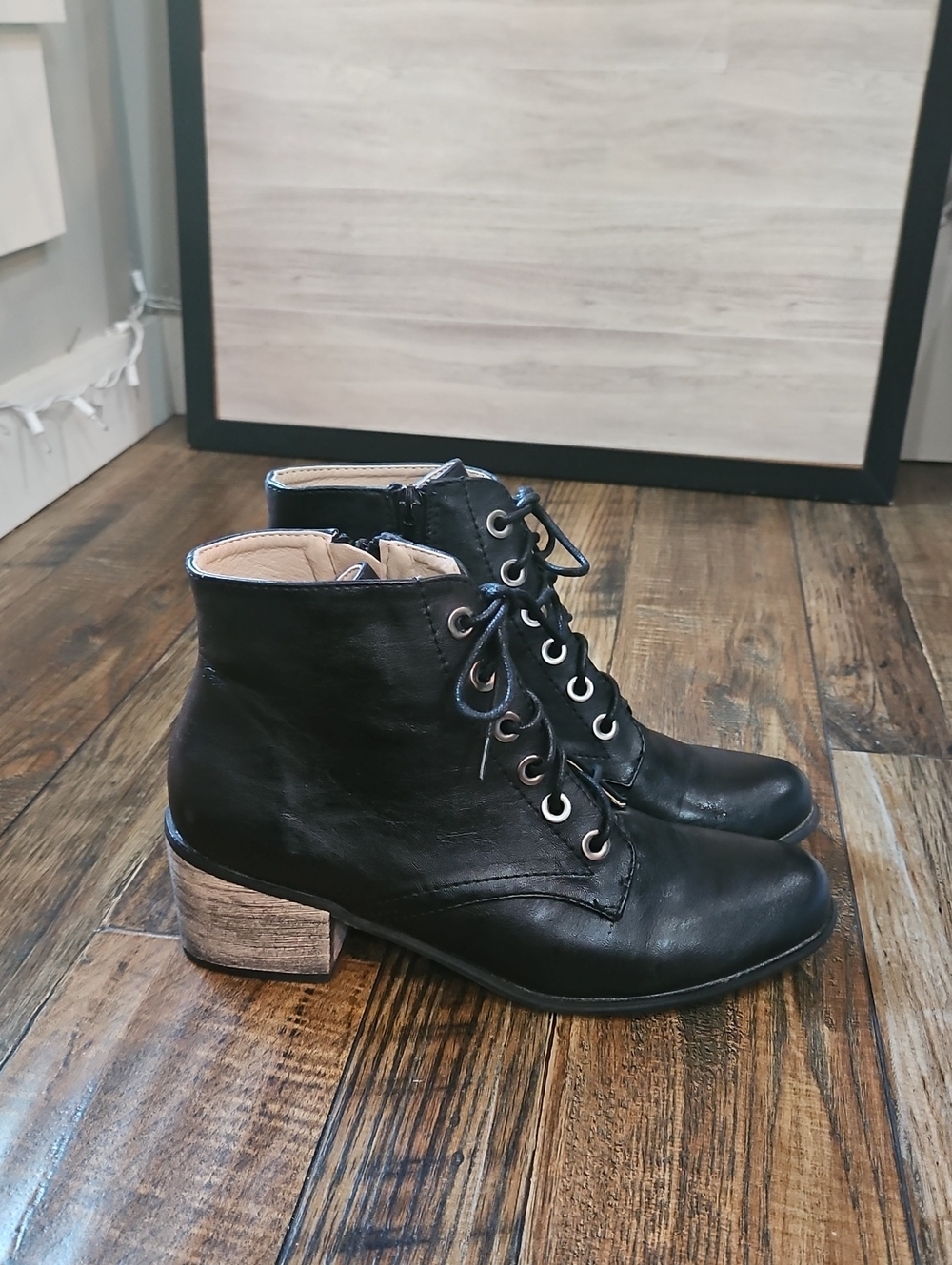Chase & Chloe Women's Black Lace-Up Faux Leather Ankle Boots with Block Heel